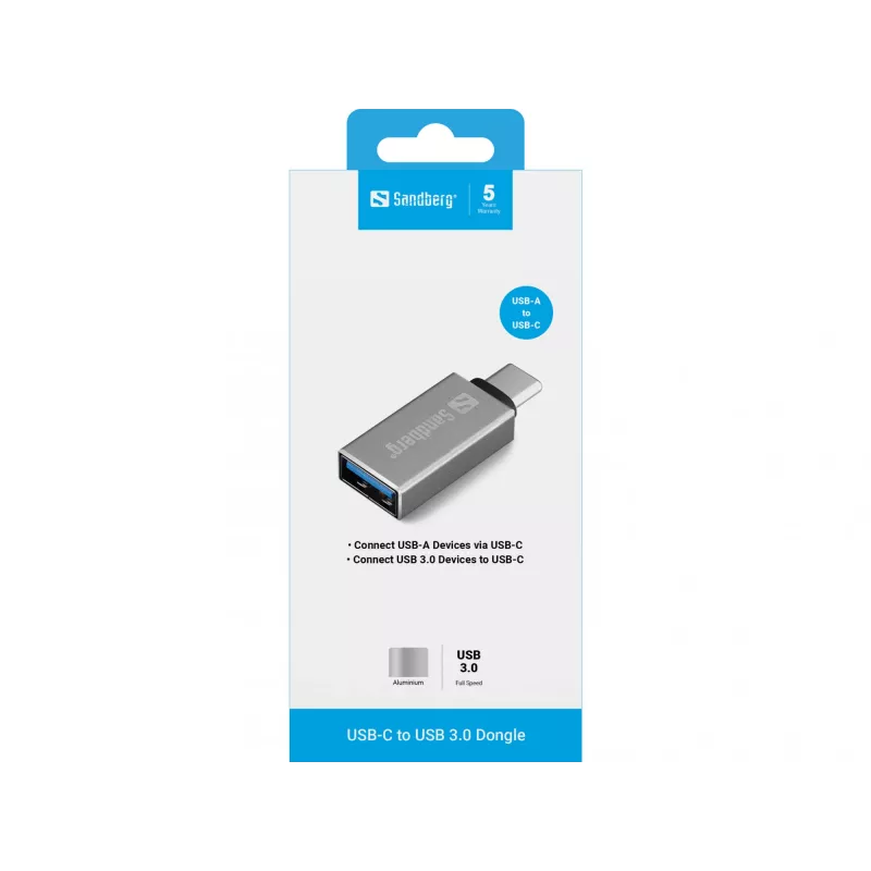 Sandberg USB-C a USB 3.0 Dongle, USB 3.2 Gen 1 (3.1 Gen 1) Type-C, USB 3.2 Gen 1 (3.1 Gen 1) Type-A, Plata, Aluminio, 5 g, 80 mm
