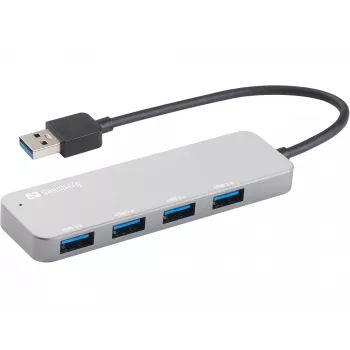 Sandberg USB 3.0 Hub 4 Puertos SAVER, USB 3.2 Gen 1 (3.1 Gen 1) Type-A, USB 3.2 Gen 1 (3.1 Gen 1) Type-A, 5000 Mbit/s, Plata, Aluminio, 40 g