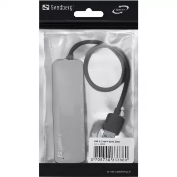 Sandberg USB 3.0 Hub 4 Puertos SAVER, USB 3.2 Gen 1 (3.1 Gen 1) Type-A, USB 3.2 Gen 1 (3.1 Gen 1) Type-A, 5000 Mbit/s, Plata, Aluminio, 40 g