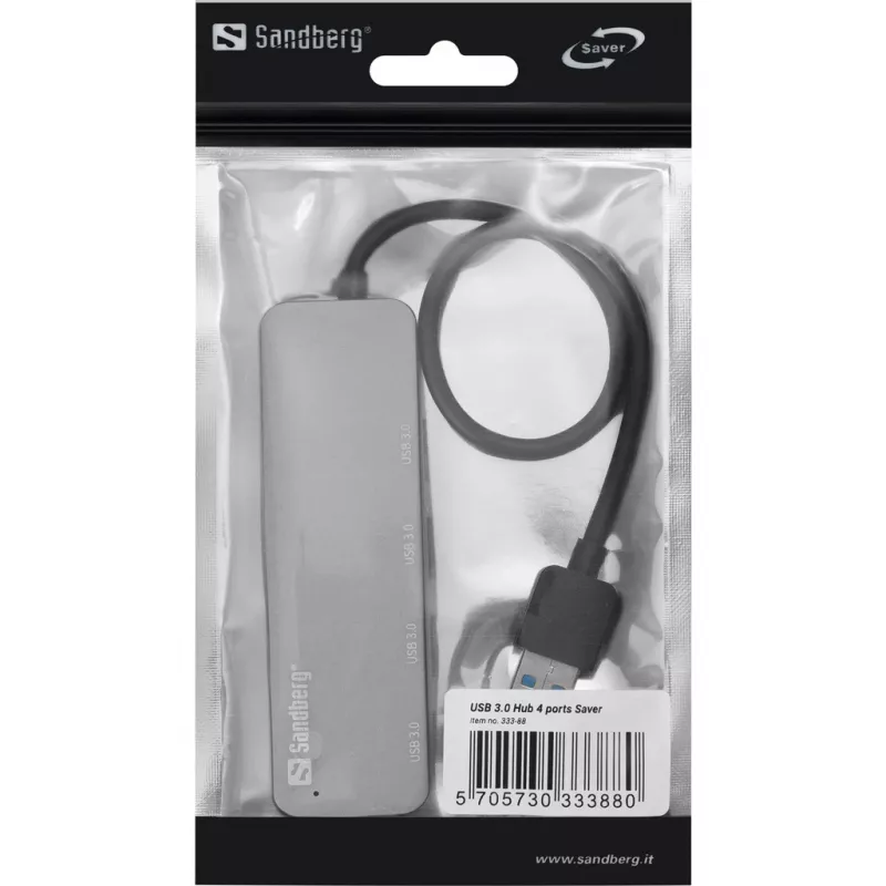 Sandberg USB 3.0 Hub 4 Puertos SAVER, USB 3.2 Gen 1 (3.1 Gen 1) Type-A, USB 3.2 Gen 1 (3.1 Gen 1) Type-A, 5000 Mbit/s, Plata, Aluminio, 40 g