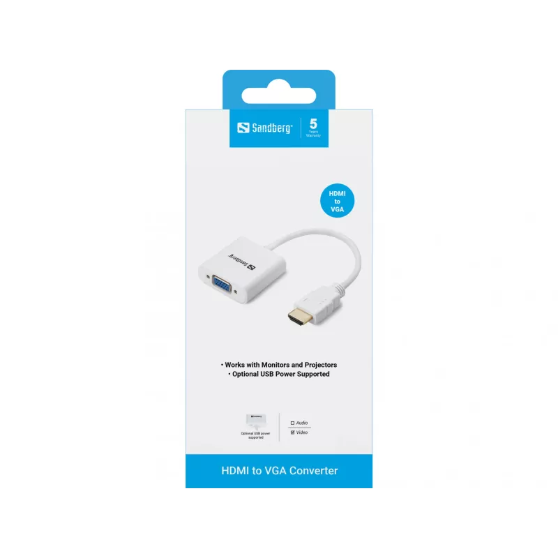 Sandberg Convertidor HDMI a VGA, VGA (D-Sub), HDMI tipo A (Estándar), Conector macho, Conector hembra, Blanco, RoHS