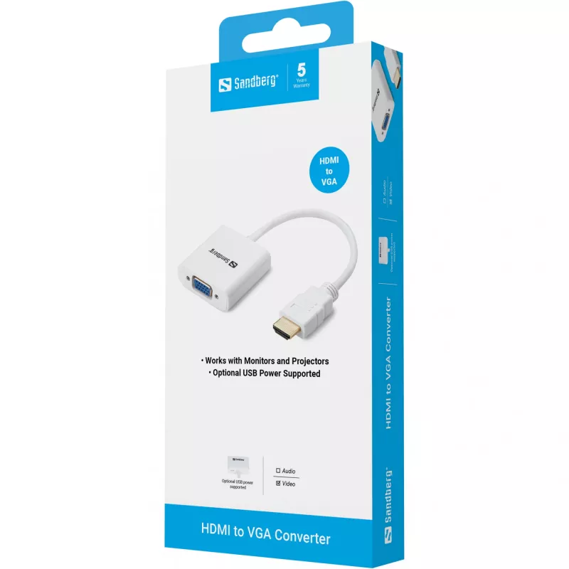 Sandberg Convertidor HDMI a VGA, VGA (D-Sub), HDMI tipo A (Estándar), Conector macho, Conector hembra, Blanco, RoHS