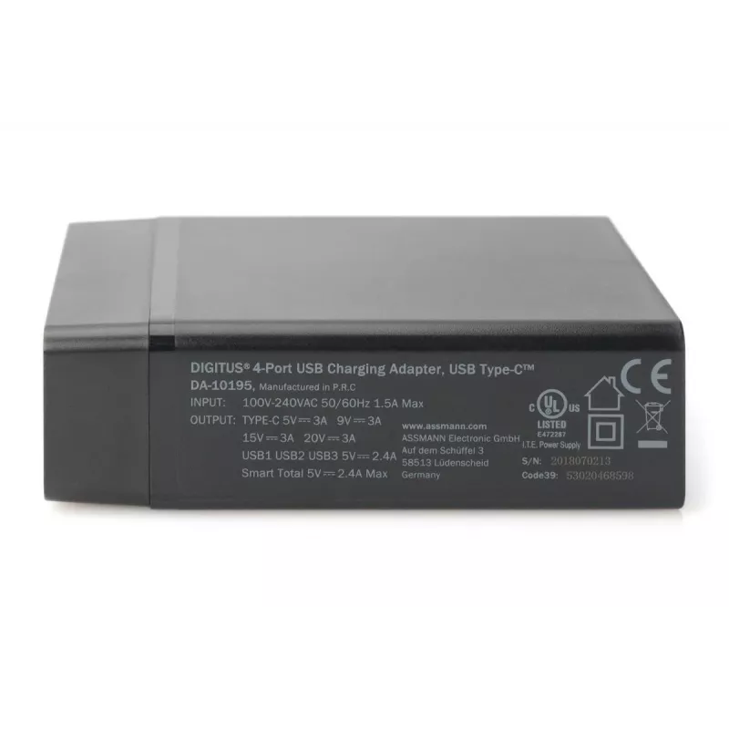 DIGITUS cargador USB de 4 puertos, 72 W 1x USB-C (PD) 5,9,15,20 V/3 A, 3x USB-A 5 V/2,4 A, negro