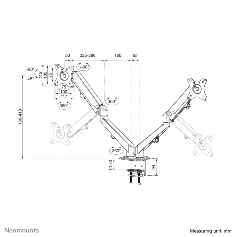 Brazo para monitor Neomounts DS70-700BL2 17-27 inch - gas, soporte de pinza, 7 kg, 43,2 cm (17 inch), 68,6 cm (27 inch), 100 x 100 mm, negro
