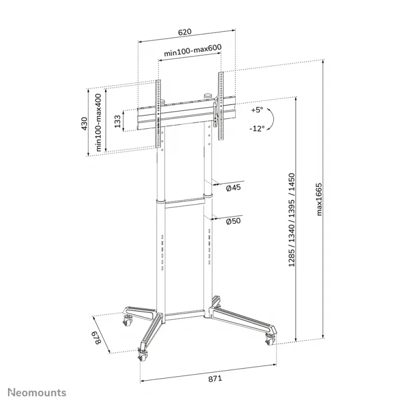 Carro para TV Neomounts FL50-540BL1 37-70 inch, negro, soporte de suelo portátil, acero, 50 kg, 94 cm (37 inch), 177,8 cm (70 inch)