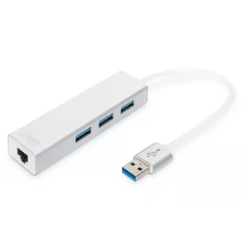 DIGITUS USB 3.0, Hub de 3 puertos y adaptador Gigabit-LAN 3xUSB A/H, 1xUSB A/M, 1xRJ45 LAN Compatible con Windows y Mac OS