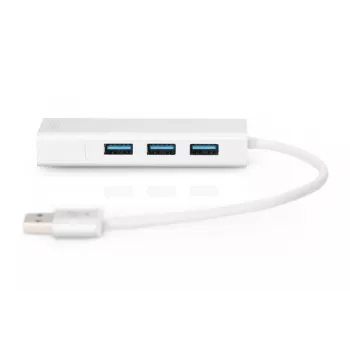 DIGITUS USB 3.0, Hub de 3 puertos y adaptador Gigabit-LAN 3xUSB A/H, 1xUSB A/M, 1xRJ45 LAN Compatible con Windows y Mac OS