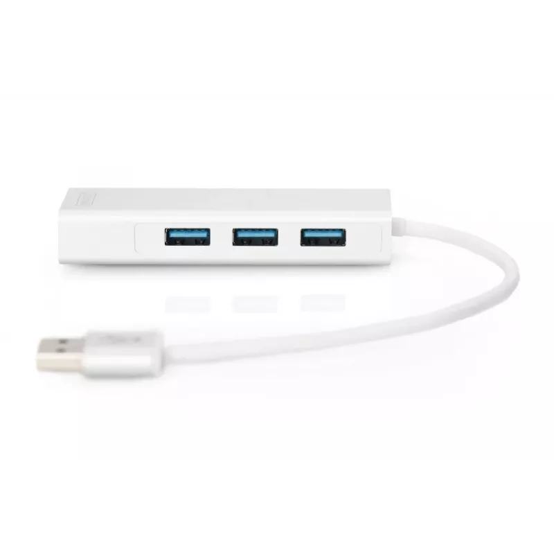 DIGITUS USB 3.0, Hub de 3 puertos y adaptador Gigabit-LAN 3xUSB A/H, 1xUSB A/M, 1xRJ45 LAN Compatible con Windows y Mac OS