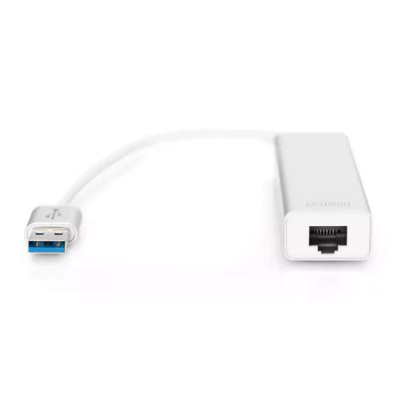 DIGITUS USB 3.0, Hub de 3 puertos y adaptador Gigabit-LAN 3xUSB A/H, 1xUSB A/M, 1xRJ45 LAN Compatible con Windows y Mac OS