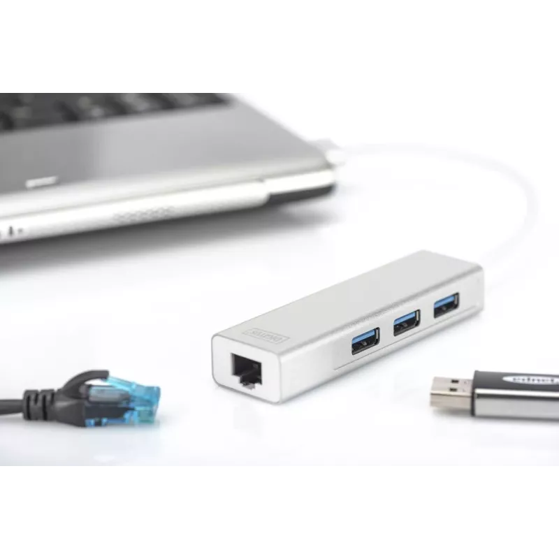 DIGITUS USB 3.0, Hub de 3 puertos y adaptador Gigabit-LAN 3xUSB A/H, 1xUSB A/M, 1xRJ45 LAN Compatible con Windows y Mac OS