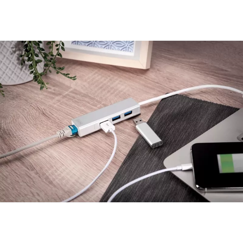 DIGITUS USB 3.0, Hub de 3 puertos y adaptador Gigabit-LAN 3xUSB A/H, 1xUSB A/M, 1xRJ45 LAN Compatible con Windows y Mac OS