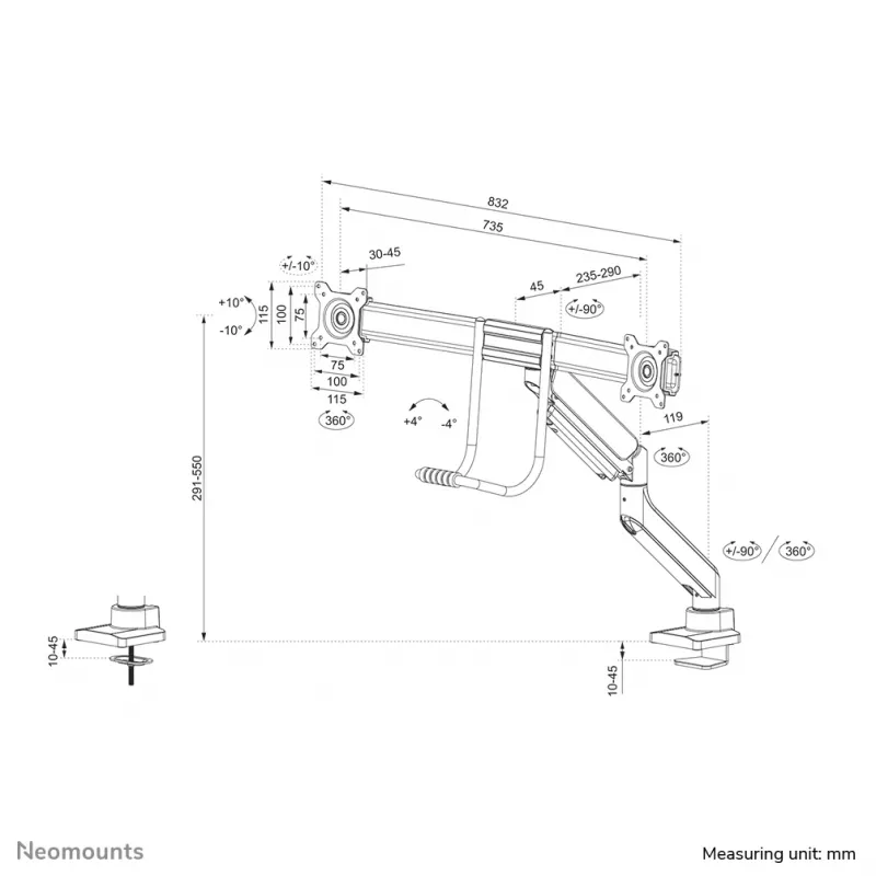 Neomounts DS75-450BL2 soporte de monitor 17-32 pulgadas - pistón de gas - fijación a mesa - tope de 180°