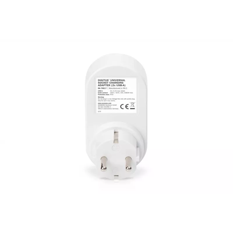 DIGITUS Fuente de alimentación con 2 puertos USB 250V, 50 Hz, USB: 5V, 2,1A, blanco / gris