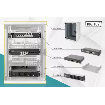 DIGITUS set de red 10in-9U 312x300mm caja balda PDU 8 puertos patch panel