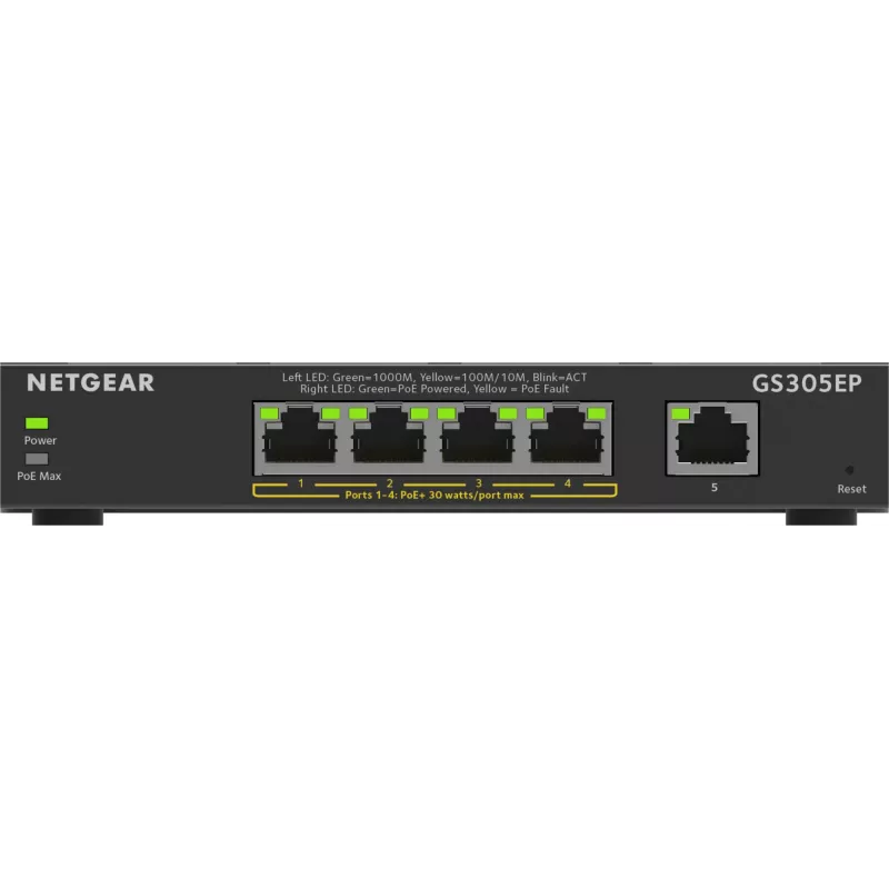 NETGEAR Switch Gigabit Ethernet PoE+ Plus de 5 puertos (GS305EP) Managed L2/L3 Gigabit Ethernet (10/100/1000) Power over Ethernet (PoE) Negro