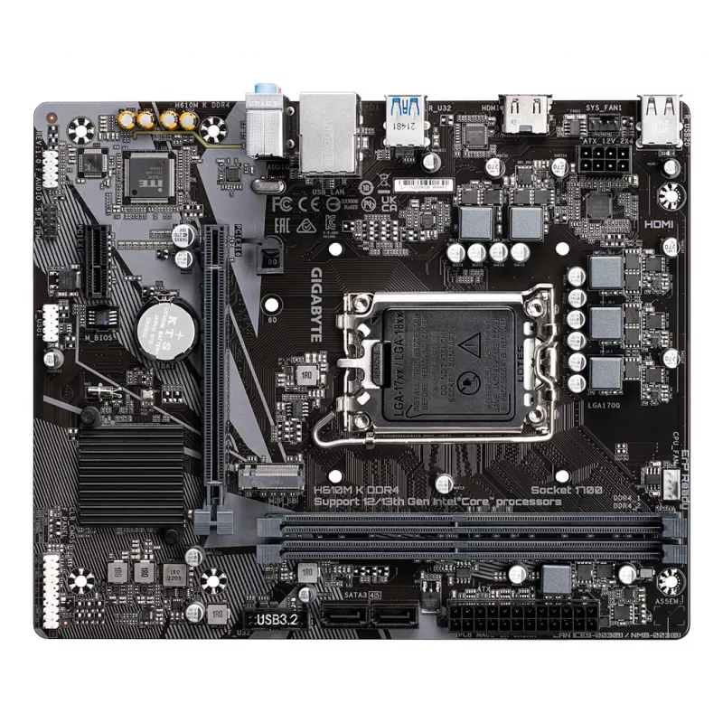 Placa base GIGABYTE H610M K DDR4 - compatible con CPUs Intel Core 14.ª gen., diseño de fases híbrido 3+1+1, hasta 3200 MHz DDR4, 1x PCIe 3.0 M.2, GbE LAN, USB 3.2 Gen 1