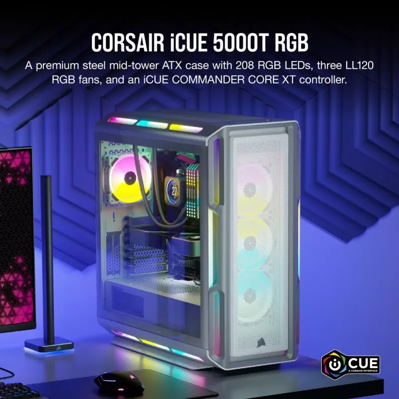 Caja de PC CORSAIR Mid-Tower ATX - iCUE 5000T - RGB cristal templado - blanca