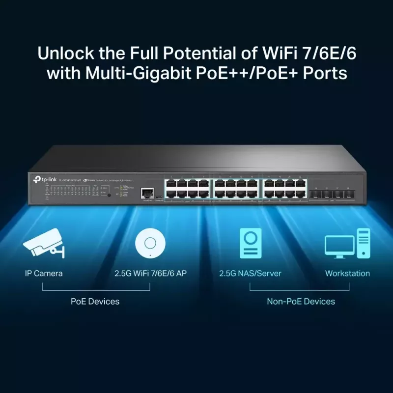 TP-Link Omada Switch gestionado 24 puertos 2.5GBASE-T y 4 puertos 10GE SFP+ L2+ con 16 puertos PoE+ y 8 puertos PoE++