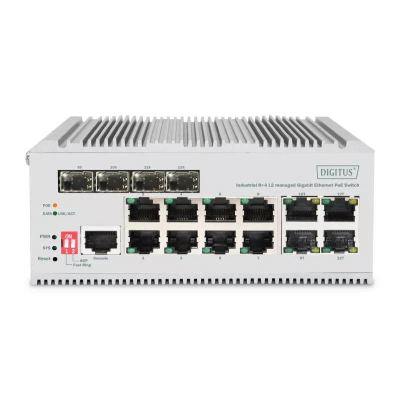 DIGITUS Switch de red Gigabit Ethernet PoE - 8 puertos Industrial, L2 Gestionado, 4 SFP Uplink