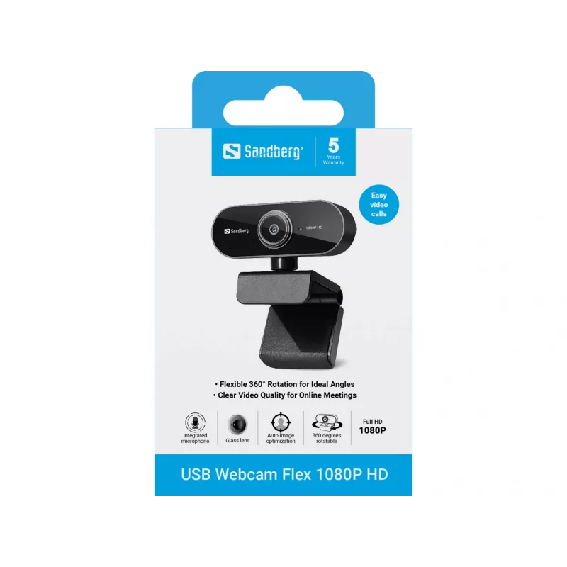 Webcam USB Sandberg Flex 1080P HD, 2 MP, 1920 x 1080 píxeles, Full HD, 30 fps, USB, negro