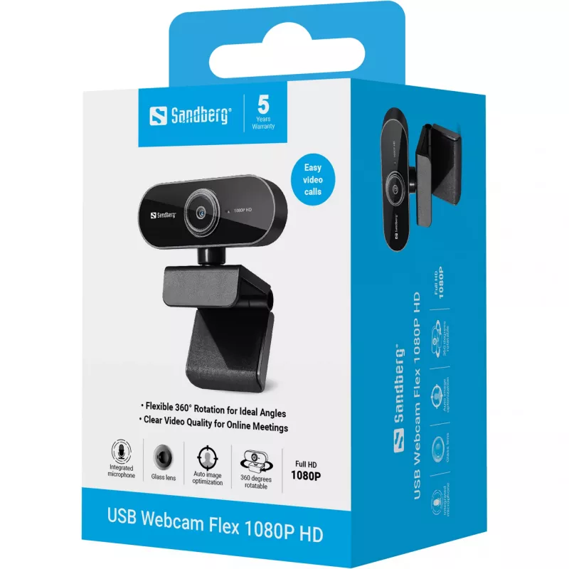 Webcam USB Sandberg Flex 1080P HD, 2 MP, 1920 x 1080 píxeles, Full HD, 30 fps, USB, negro
