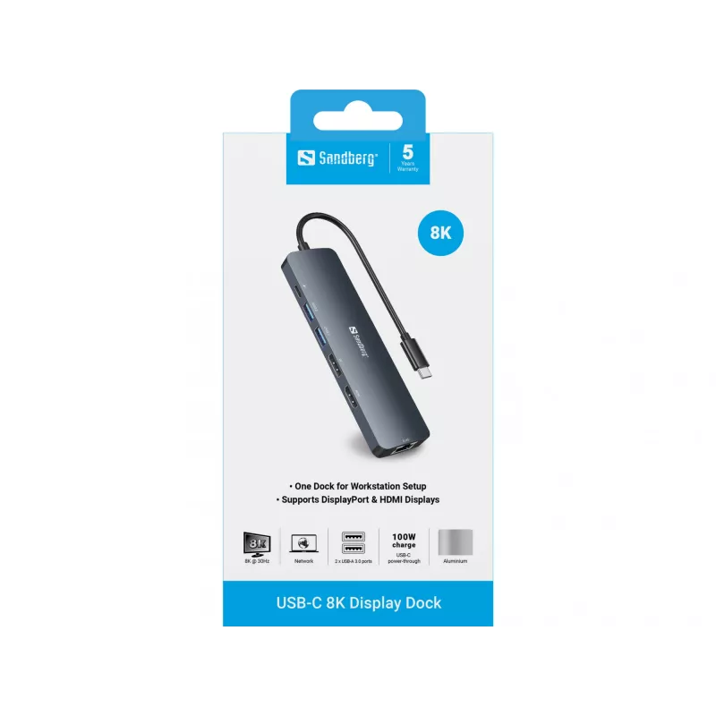 Dock de pantalla Sandberg USB-C 8K USB 3.2 Gen 1 Type-C 100W Power Delivery
