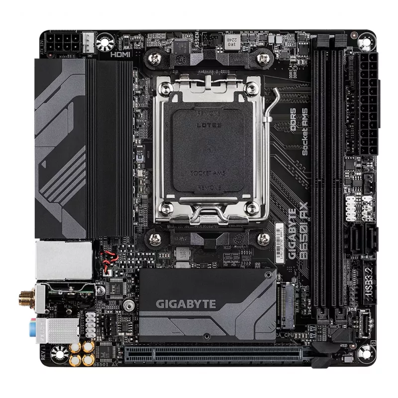 Placa base GIGABYTE B650I AX - CPUs AMD Ryzen Serie 9000, 5+2+1 fases VRM, hasta 6400 MHz DDR5 (OC), 1x PCIe 4.0 M.2, 2,5 GbE LAN, WLAN 6E, USB 3.2 Gen 2