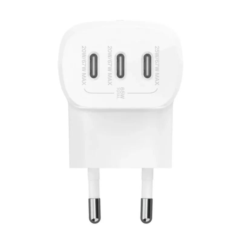 Cargador de pared BELKIN - Boostcharge - Cargador USB-C de 3 puertos - Con PPS 67W - blanco
