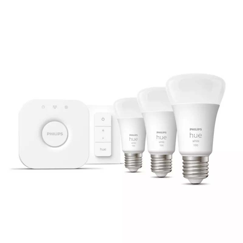 Philips Hue White Starterkit: 3 lámparas inteligentes E27 (1100) + interruptor regulador