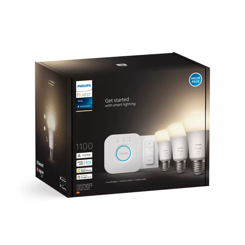 Philips Hue White Starterkit: 3 lámparas inteligentes E27 (1100) + interruptor regulador