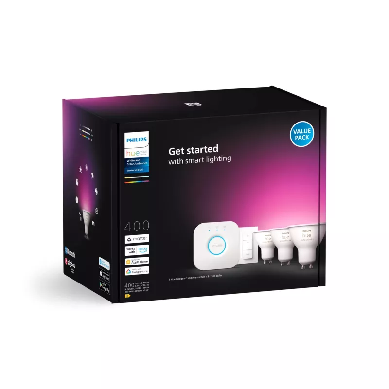 Philips Hue White and Colour Ambience Starter-Kit: 3 focos inteligentes GU10 + interruptor regulador