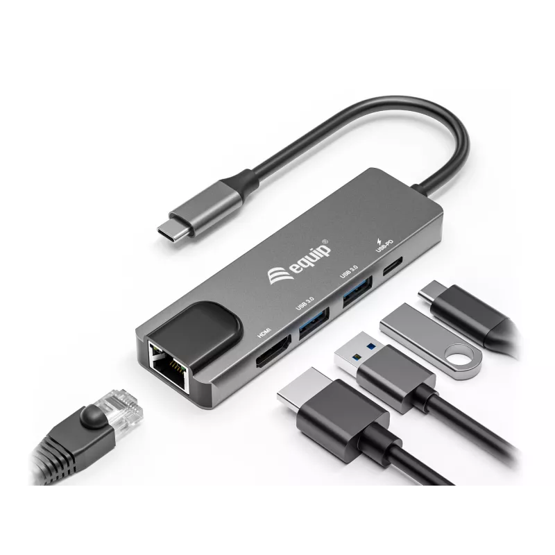 Adaptador multifunción Equip USB-C 5 en 1, HDMI, Gigabit-LAN, USB 3.2 Gen1, 100W USB PD