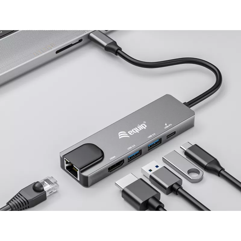 Adaptador multifunción Equip USB-C 5 en 1, HDMI, Gigabit-LAN, USB 3.2 Gen1, 100W USB PD
