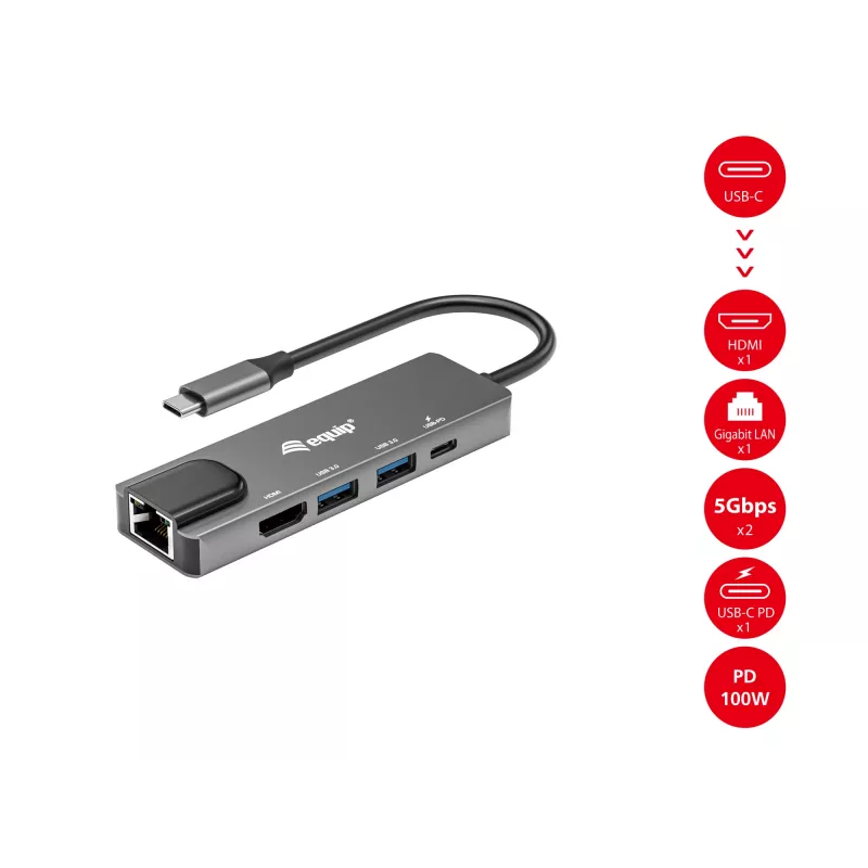 Adaptador multifunción Equip USB-C 5 en 1, HDMI, Gigabit-LAN, USB 3.2 Gen1, 100W USB PD