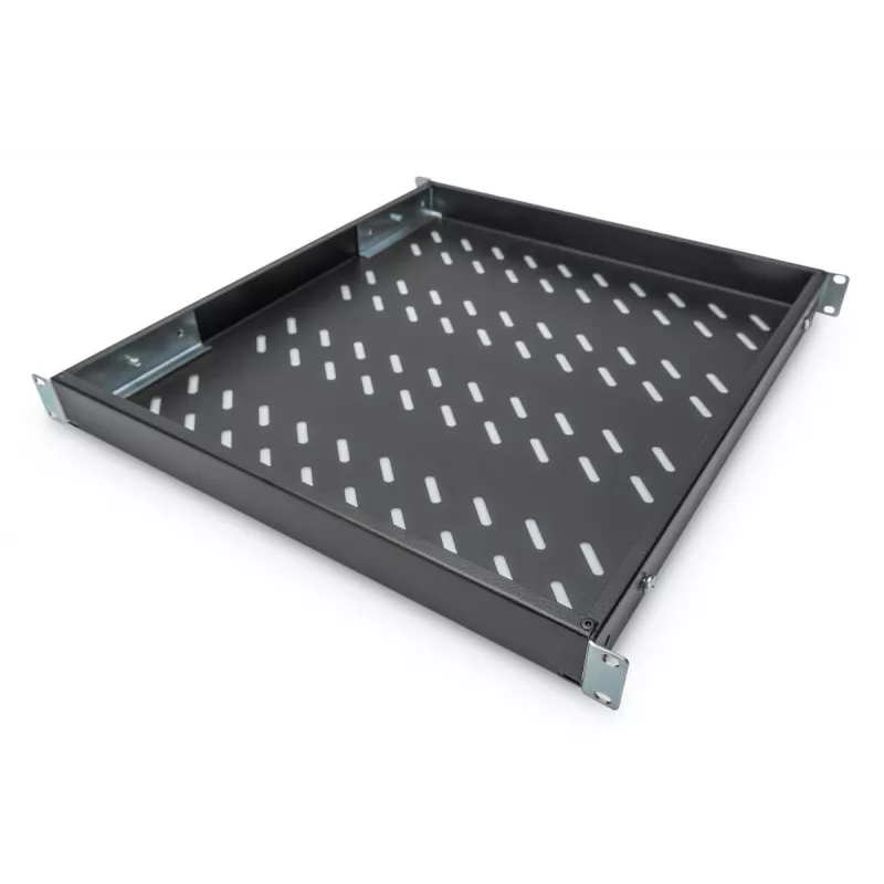 DIGITUS Bandeja fija 1U, ajustable para armarios de 800 mm de profundidad, 500 mm de profundidad, color negro (RAL 9005)