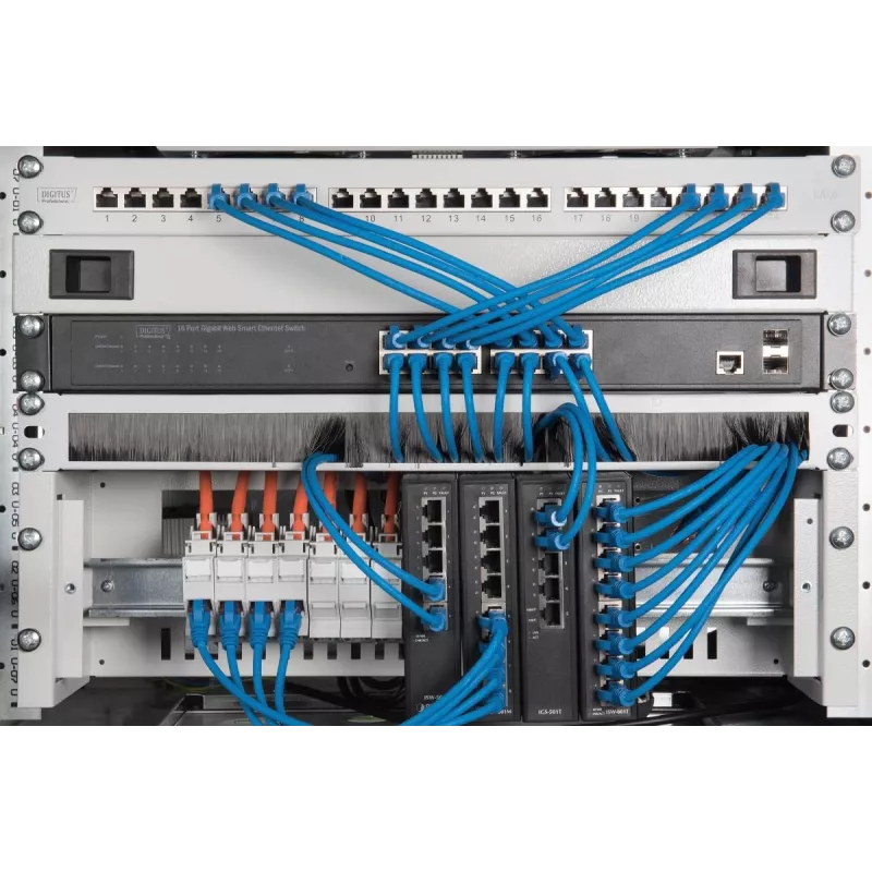 Panel de gestión de cables con cepillo DIGITUS 1U 44x483x11 mm, tamaño del cepillo 27x423 mm, color gris (RAL 7035)