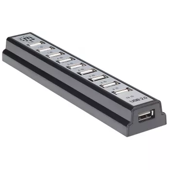 Hub de sobremesa Manhattan USB-A 10 puertos, 10x puertos USB-A, 480 Mbit/s (USB 2.0), alimentación por USB o fuente de alimentación externa (no incluida) para mayor rendimiento en los dispositivos conectados