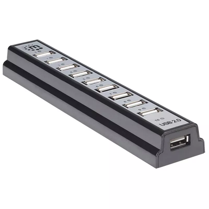 Hub de sobremesa Manhattan USB-A 10 puertos, 10x puertos USB-A, 480 Mbit/s (USB 2.0), alimentación por USB o fuente de alimentación externa (no incluida) para mayor rendimiento en los dispositivos conectados