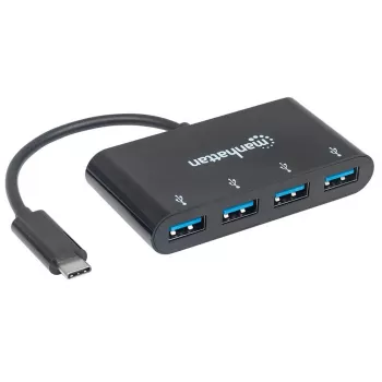 Dock/Hub Manhattan USB-C, conexiones (4x): USB-A (4x), 5 Gbit/s (USB 3.2 Gen1 alias USB 3.0), alimentado por USB (no requiere fuente de alimentación externa), cable 20 cm, equivalente a HB30C4AB