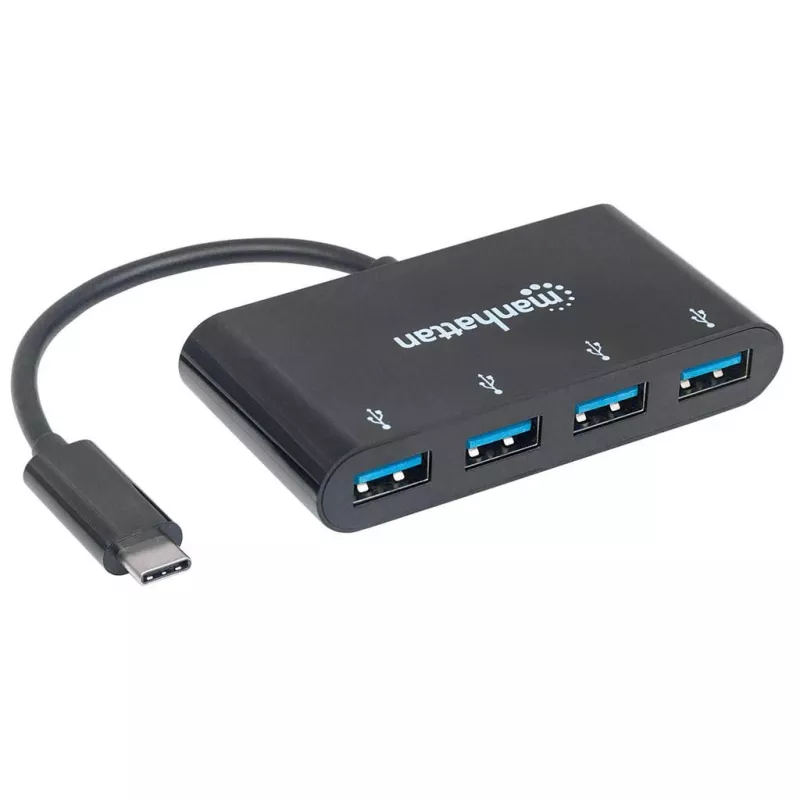 Dock/Hub Manhattan USB-C, conexiones (4x): USB-A (4x), 5 Gbit/s (USB 3.2 Gen1 alias USB 3.0), alimentado por USB (no requiere fuente de alimentación externa), cable 20 cm, equivalente a HB30C4AB