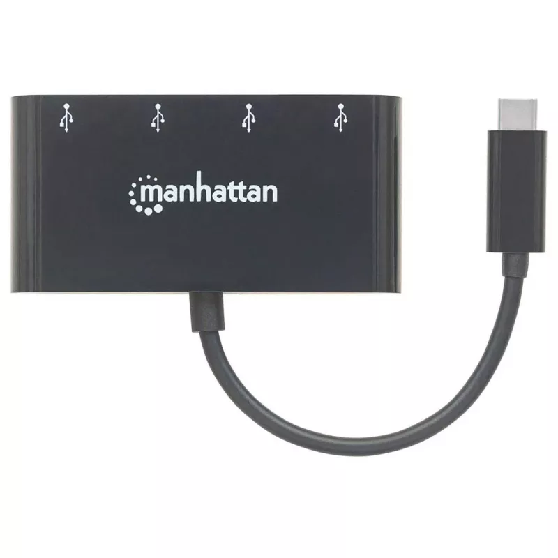 Dock/Hub Manhattan USB-C, conexiones (4x): USB-A (4x), 5 Gbit/s (USB 3.2 Gen1 alias USB 3.0), alimentado por USB (no requiere fuente de alimentación externa), cable 20 cm, equivalente a HB30C4AB