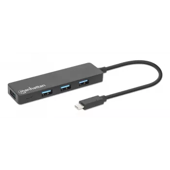 Dock/Hub Manhattan USB-C, conexiones (4): USB-A (x4), 5 Gbps (USB 3.2 Gen1 también conocido como USB 3.0), alimentado por USB (no requiere fuente de alimentación externa), equivalente a HB30CM4AB