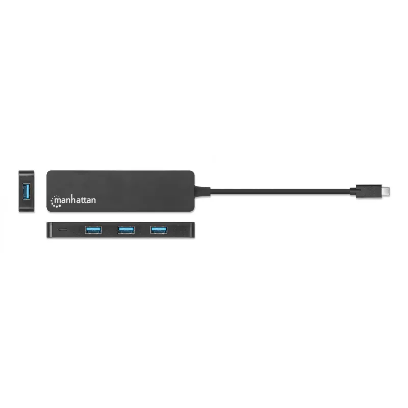 Dock/Hub Manhattan USB-C, conexiones (4): USB-A (x4), 5 Gbps (USB 3.2 Gen1 también conocido como USB 3.0), alimentado por USB (no requiere fuente de alimentación externa), equivalente a HB30CM4AB