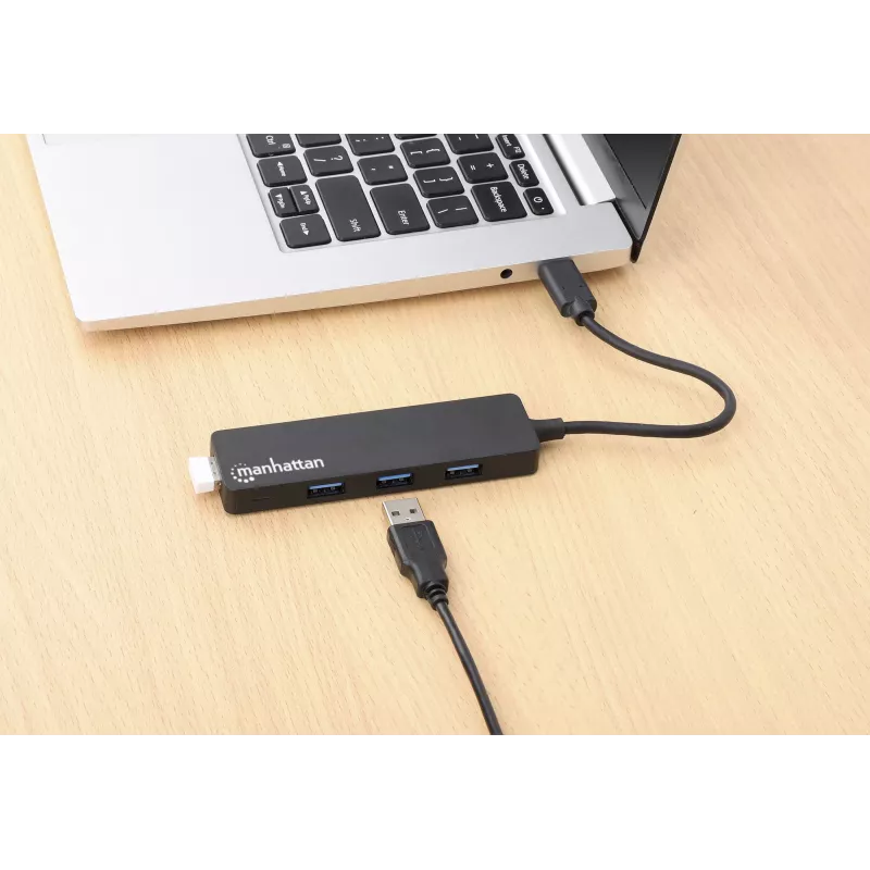 Dock/Hub Manhattan USB-C, conexiones (4): USB-A (x4), 5 Gbps (USB 3.2 Gen1 también conocido como USB 3.0), alimentado por USB (no requiere fuente de alimentación externa), equivalente a HB30CM4AB