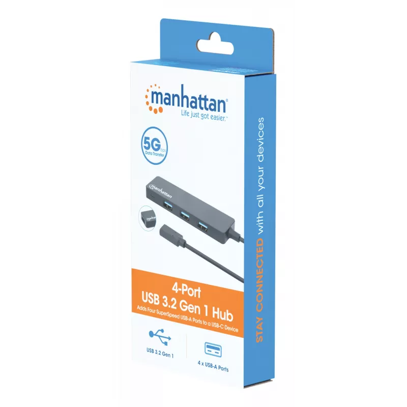 Dock/Hub Manhattan USB-C, conexiones (4): USB-A (x4), 5 Gbps (USB 3.2 Gen1 también conocido como USB 3.0), alimentado por USB (no requiere fuente de alimentación externa), equivalente a HB30CM4AB