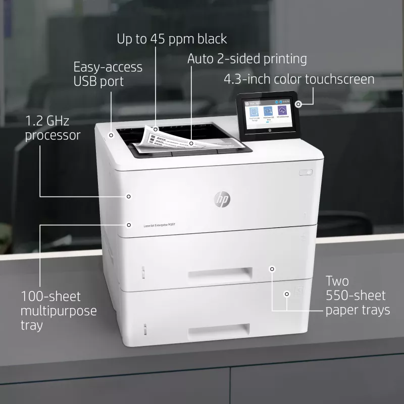 HP LaserJet Enterprise M507x, Láser, 1200 x 1200 DPI, A4, 43 ppm, impresión a doble cara, con red