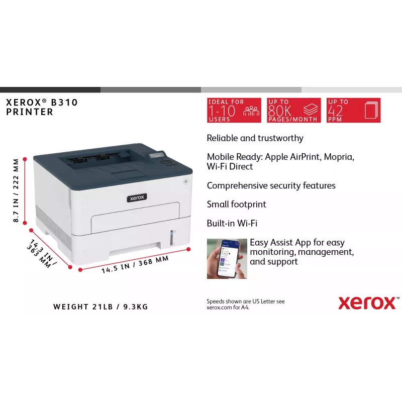 Xerox B310 A4 40ppm impresora inalámbrica dúplex PS3 PCL5e/6 2 bandejas total 350 hojas