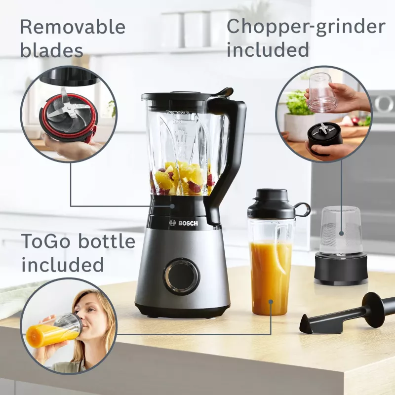 Batidora de vaso Bosch Serie 4 MMB6177S 1,5 L batidora de mesa 1200 W negra, plata