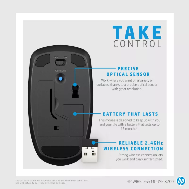 HP X200 ratón inalámbrico 6VY95AA, óptico, 2,4 GHz, receptor USB, negro
