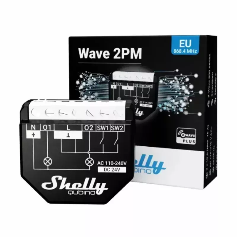 Interruptor inteligente Shelly WAVE 2PM negro (Shelly) — inalámbrico Z-Wave, 16 A, 110–240 V, 868,4 MHz